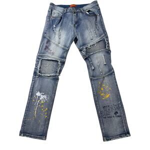 Bleeker & Mercer Mens 34/32 Medium Wash Slim Fit Graffiti Art Patched Jeans